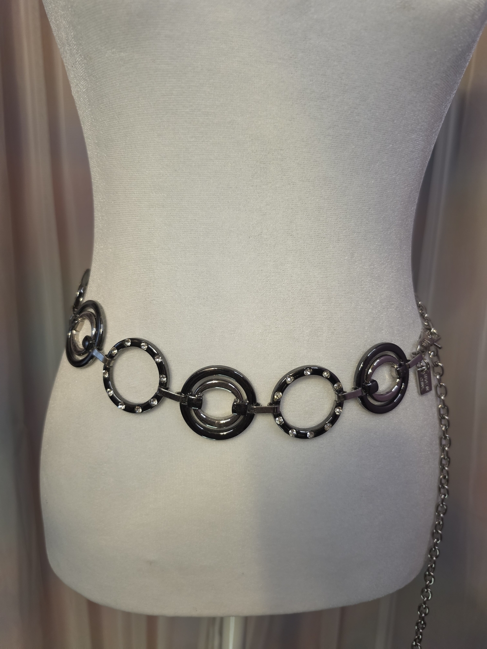 Vintage Chico's Y2K Boho Silver Black Circle Link Belt Rhinestone Accents
